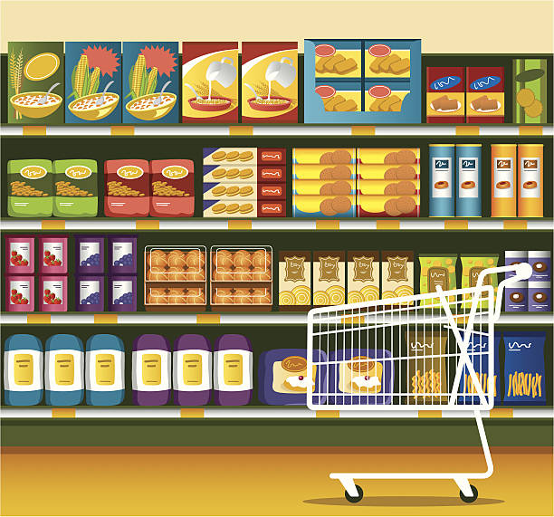 supermarket & shopping cart - atıştırmalıklar illüstrasyonlar stock illustrations