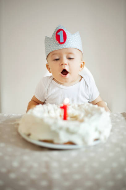 one year old boy celebrating brithday - alleen babys stockfoto's en -beelden
