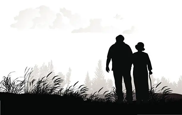 Vector illustration of Senior Couple Walking In A Field