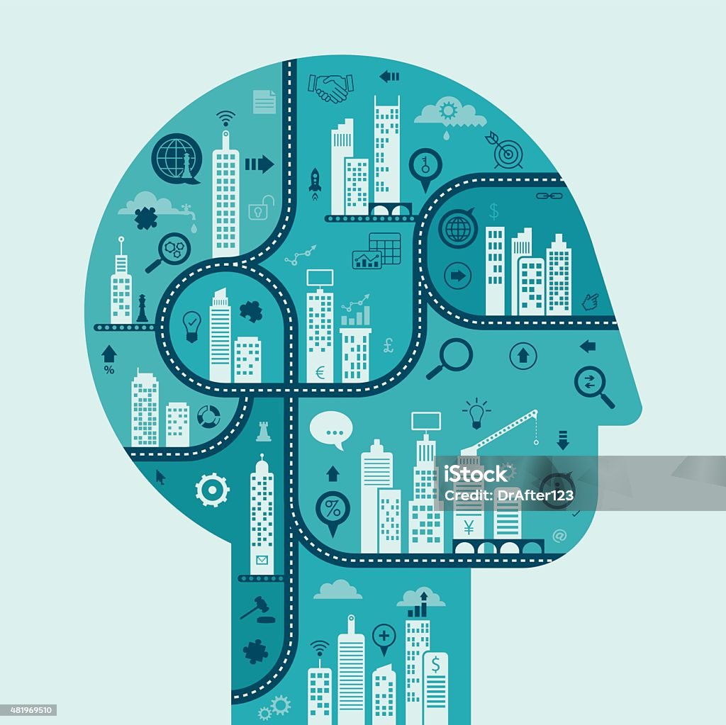 Business Man Thinking Head Vector illustration depicting business thinking including icon set. City stock vector