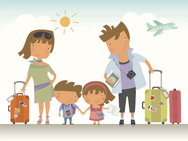 illustrations, cliparts, dessins animés et icônes de voyage en famille - femme voyage avion