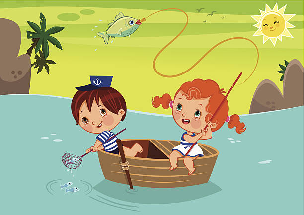 illustrazioni stock, clip art, cartoni animati e icone di tendenza di battuta di pesca - nautical vessel fishing child image