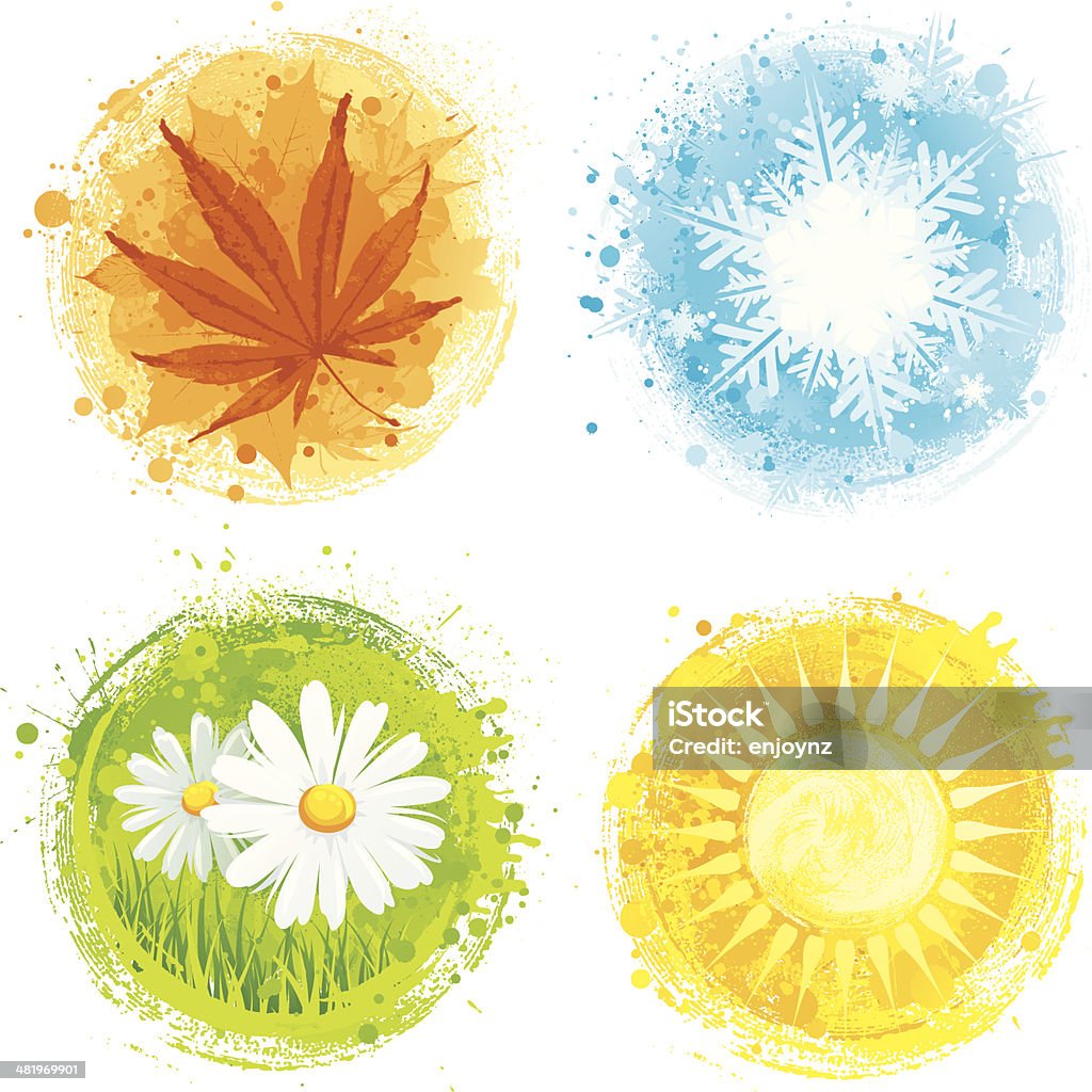 Four seasons Four icons representing each season on a grunge paint splatter background. Four Seasons stock vector