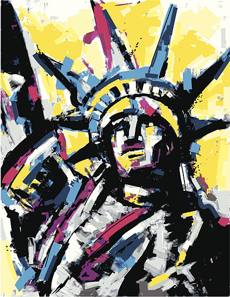 ilustraciones, imágenes clip art, dibujos animados e iconos de stock de estatua de la libertad de pintura - statue manhattan monument flaming torch