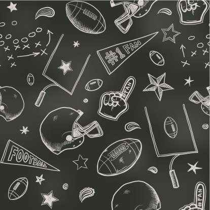 Sketchy chalk drawings of American football icons on a blackboard. Will tile endlessly.