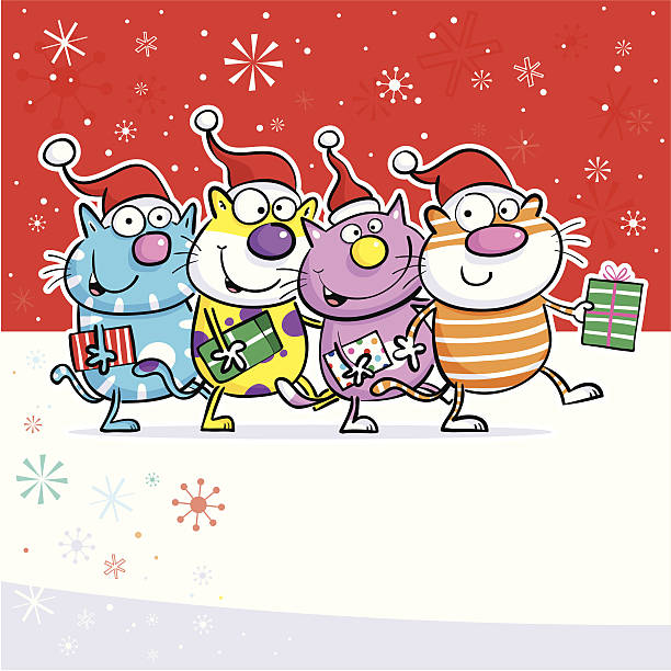 Christmas Cats Four cool Christmas cats with gifts. line dance stock illustrations