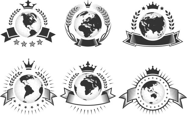 globesblack & weiß aufnäher mit krone - white background image australia sunlight stock-grafiken, -clipart, -cartoons und -symbole