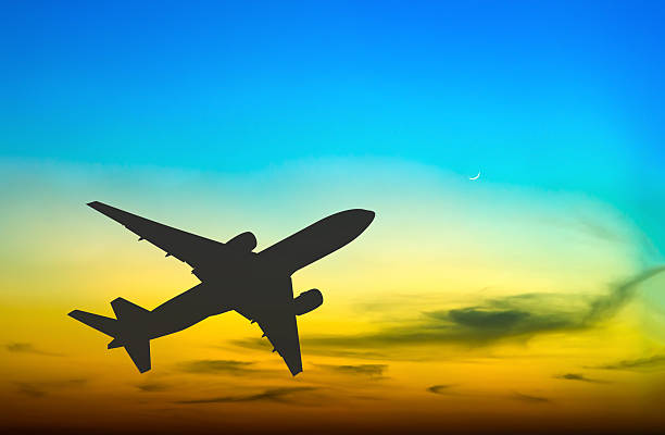 istock Silhouetted commercial airplane flying at sunset 481970544
