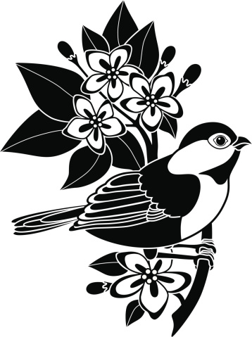 A vector illustration of a chickadee perched on a branch of mayflowers. The chickadee is the state bird of Massachusetts and the mayflower is the state flower. The chickadee is also the state bird of Maine.