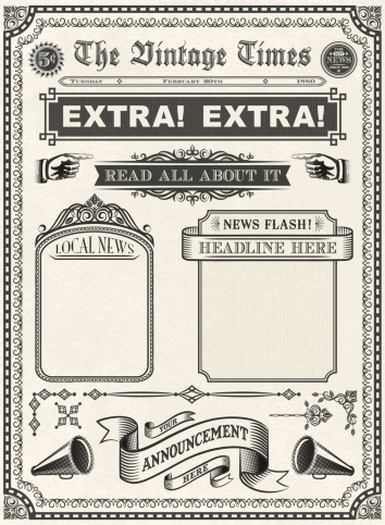 Extra! Extra! Read All About It! Frames, Banners, Symbols and Elements for an Old Antique Newspaper. EPS 10, transparencies used.