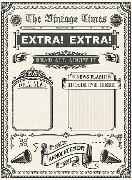 Vintage Newspaper Extra! Extra! Read All About It! Frames, Banners, Symbols and Elements for an Old Antique Newspaper. EPS 10, transparencies used. megaphone borders stock illustrations