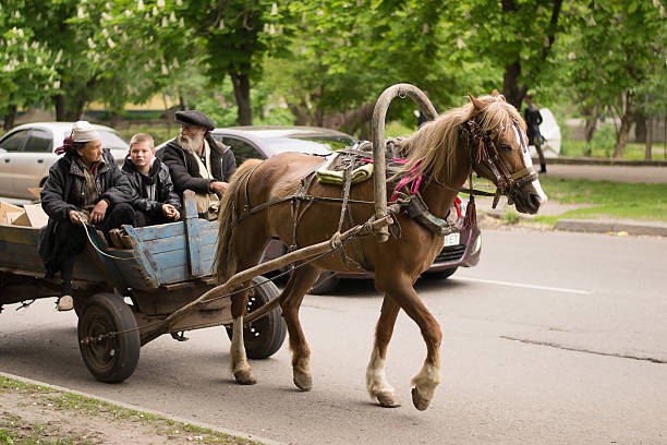 Krivoy Rog, Ukraine - May 09, 2015: roma gipsy family of father, mother and a son driving their horse vihicle by the city road at Victory Day