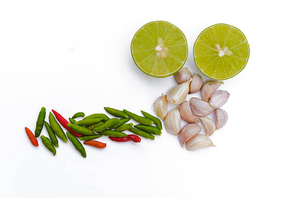 istock Chili peppers, garlic and lime on white background. 481975182