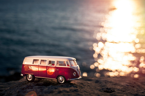 Izmir, Turkey - July 18, 2015: Product shot of Volkswagen microbus toy car on the sunset.
