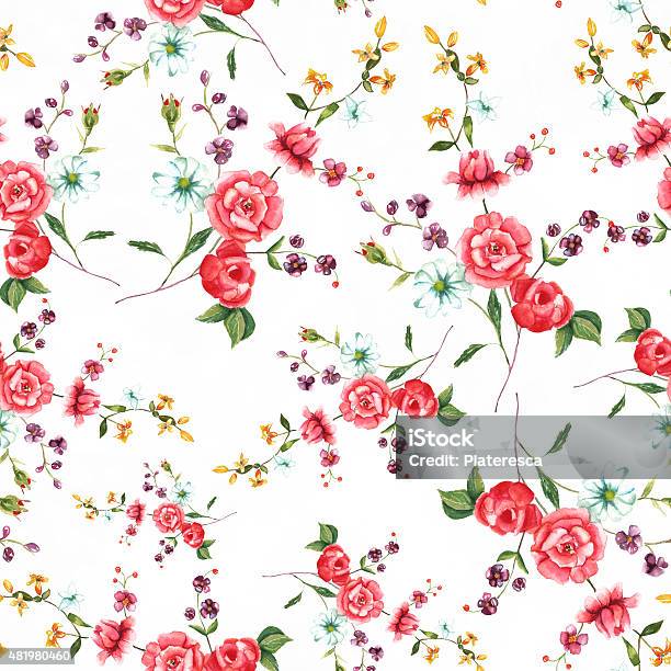 Vintage Style Watercolour Rose Seamless Background Pattern Stock Illustration - Download Image Now