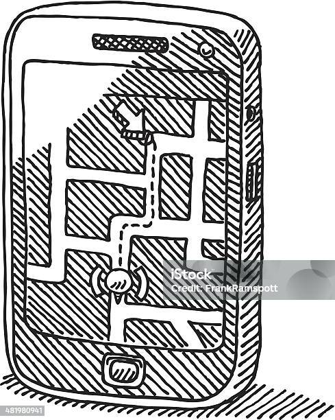 스마트폰 탐색 맵 그림이요 휴대폰 앱에 대한 스톡 벡터 아트 및 기타 이미지 - 휴대폰 앱, 스케치, 지도