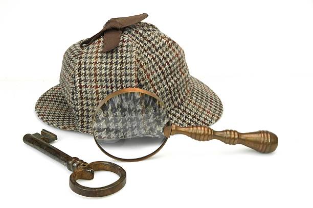 istock Famous British Detective Deerstalker Cap, Vintage Magnifying Glass And Key 481981366