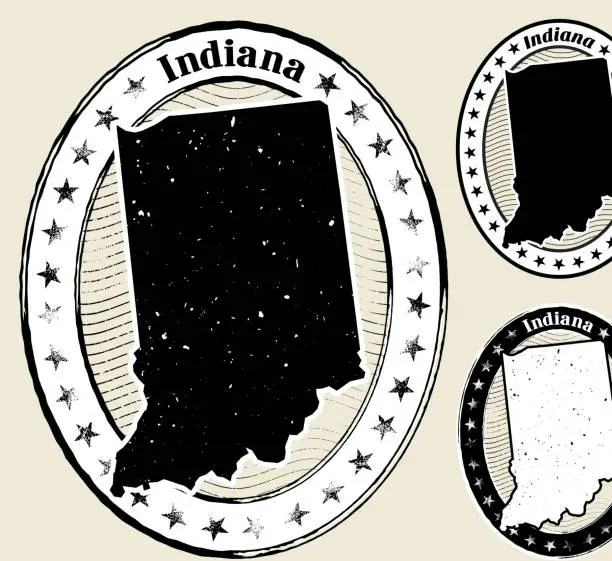 Vector illustration of Indiana Grunge Map Black & White Stamp Collection