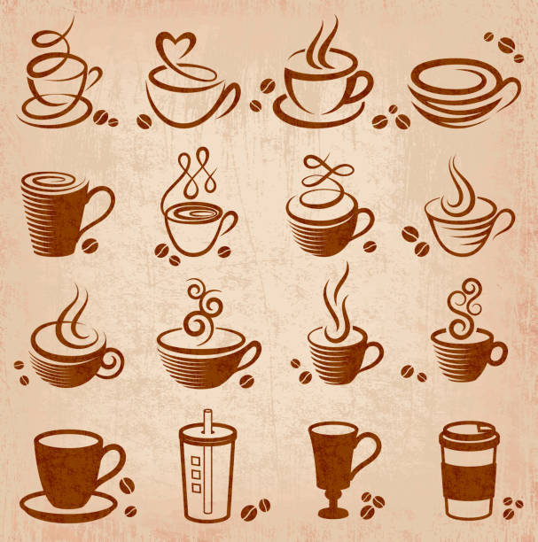 illustrazioni stock, clip art, cartoni animati e icone di tendenza di un'illustrazione di un caffè grunge disegno icone - coffee espresso retro revival coffee cup