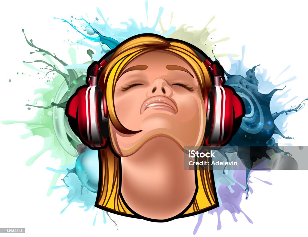 Beauty girl face on colorful background Woman face with headphones on colorful splash background. 10 EPS file with transparency effects and overlapping colors DJ stock vector