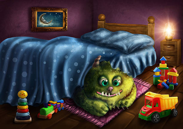 ilustrações de stock, clip art, desenhos animados e ícones de verde monstro - bed child fear furniture
