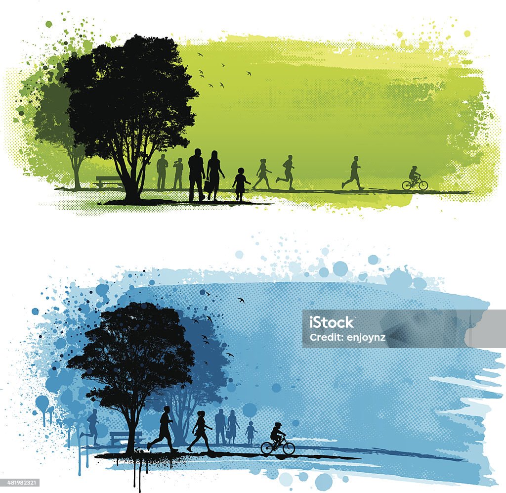 Grunge park backgrounds Two grunge park backgrounds with silhouetted people, birds and trees Public Park stock vector