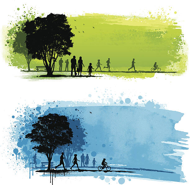 Grunge park backgrounds Two grunge park backgrounds with silhouetted people, birds and trees walking backgrounds stock illustrations