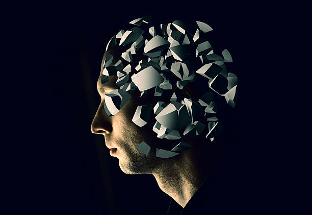 istock Cyborg profile portrait with brain explosion fragments 481982470