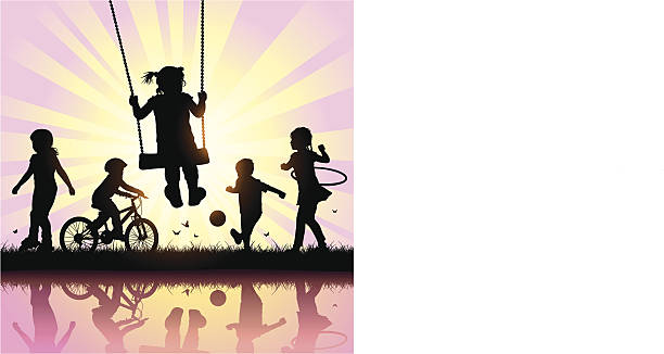 ilustraciones, imágenes clip art, dibujos animados e iconos de stock de vector siluetas de niños jugando - soccer child silhouette sport