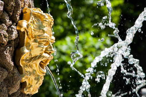 Golden fountain face of Neptune in the park with stream in his mouth