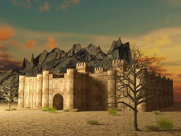 3d render medieval stronghold building exterior locates on cracked ground