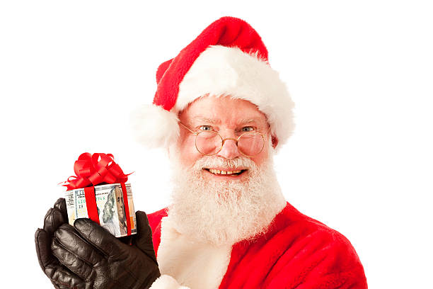 istock Happy Santa with Cash Gift on White Background 481991140