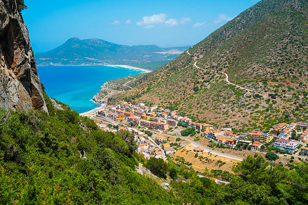 Buggerru, He Aerial view of Buggerru on the west coast of Sardinia, Italy Buggerru stock pictures, royalty-free photos & images