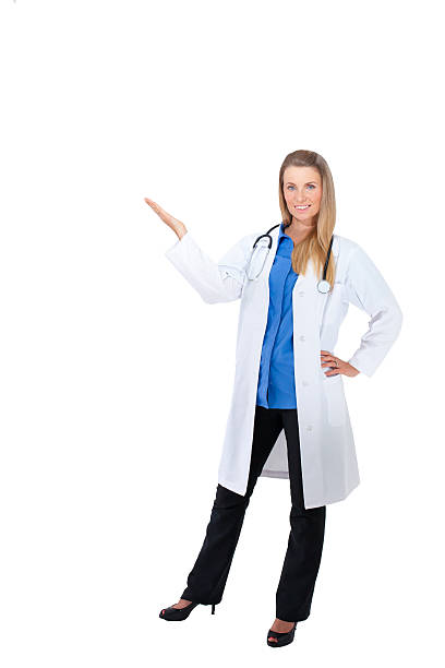 istock Female Doctor showing copy space isolated on white background. 481993353