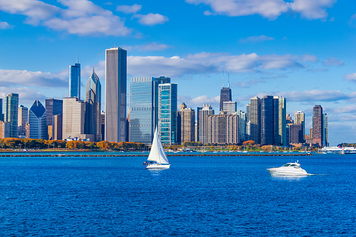 Skycraper de Chicago, perfilados contra el horizonte, Panorama, mal photo