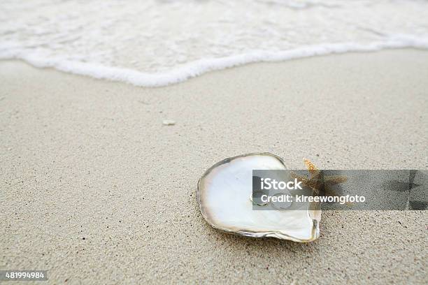 Wedding Rings On The Shell With By Beach Background Stock Photo - Download Image Now