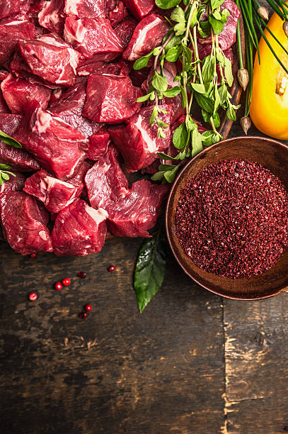 istock cutting raw meat with spices and fresh herbs top view 481994988