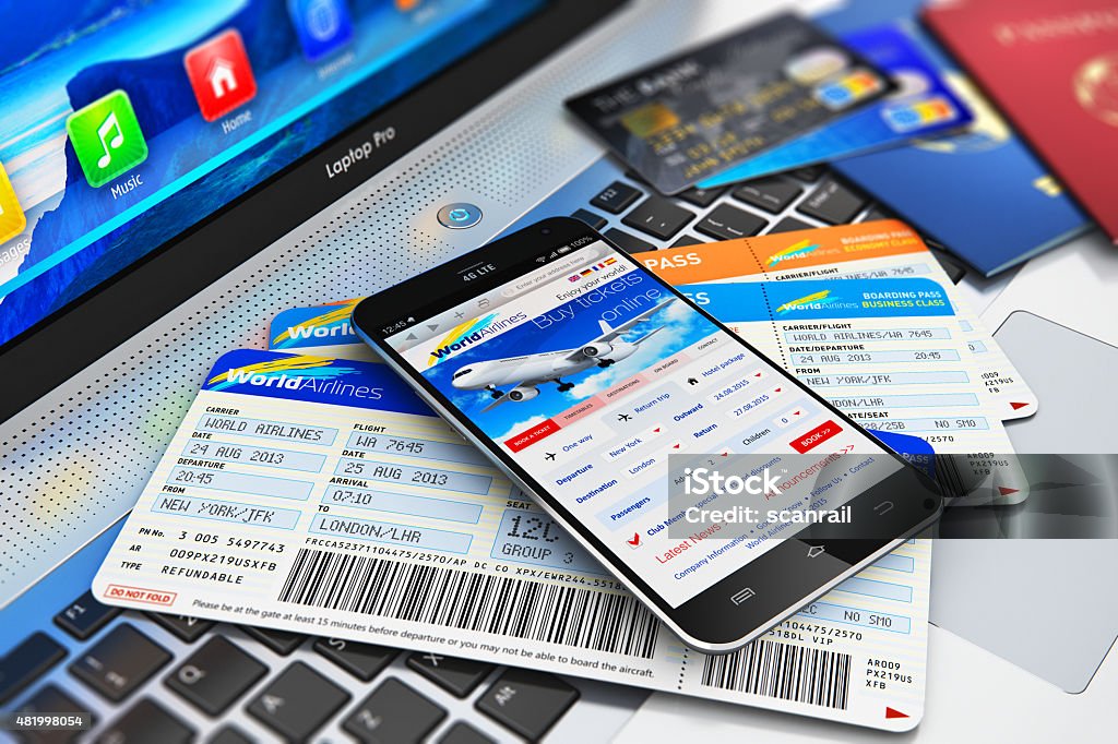 Kauf online per smartphone tickets - Lizenzfrei Flugtickets Stock-Foto