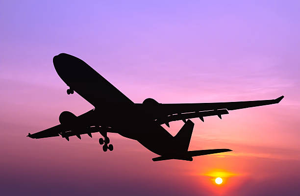 istock Silhouetted commercial airplane flying at sunset 481999480