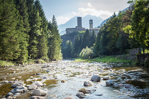 River And Medieval Village, Lombardy Italy stock photo