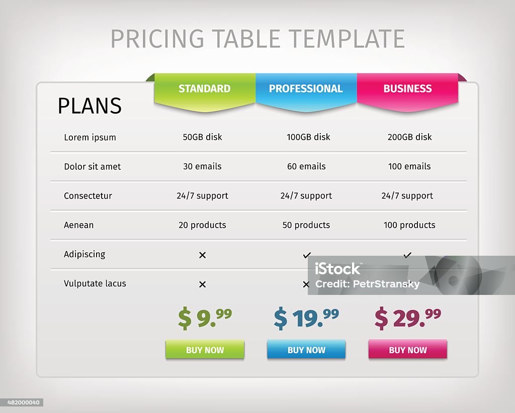 Colorful web pricing table template for business plan Web pricing table template for business plan. Comparison of services. Vector EPS10 illustration. Colorful 3d chart. Infographic stock vector