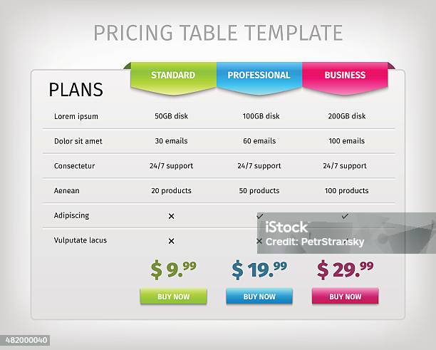 Colorful Web Pricing Table Template For Business Plan Stock Illustration - Download Image Now