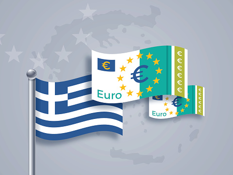 Greek banking and monetary crisis concept with greek flag, euro banknotes and map of Greece. EPS 10 file. Transparency effects used on highlight elements.