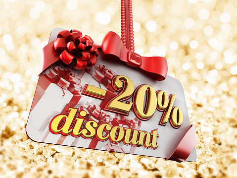 20 percent discount label on gold background.