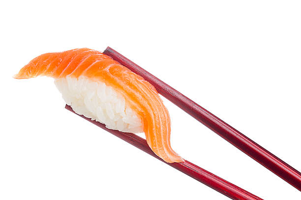 istock Salmon sushi nigiri in chopsticks isolated on white background 482008372