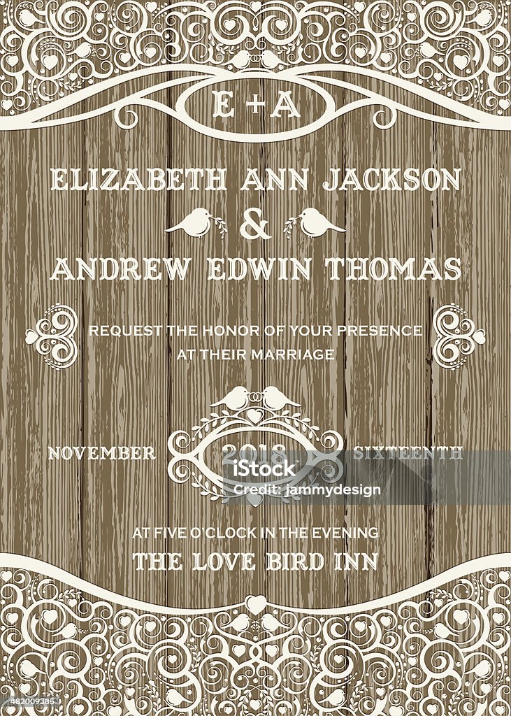 Lace Celebration Invitation Lacy style invitation with lovebirds on a rustic barn wood background. EPS 10 — transparencies used.  Wedding Invitation stock vector