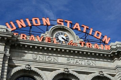 Denver, Colorado, USA - February 16, 2014: The historic Union Station in Denver, Colorado. It is currently in the process of being converted to a hotel as part of the redevelopment of the lower downtown area.