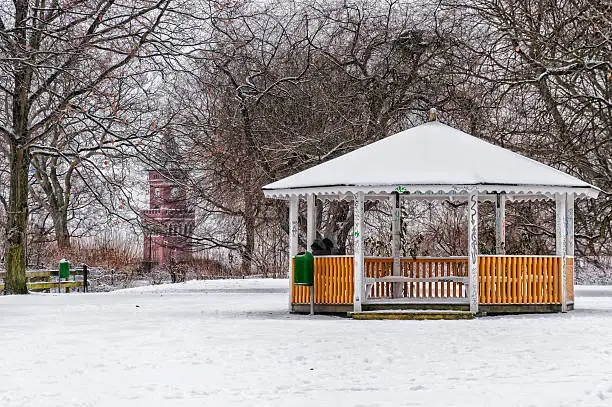 A public pavillion in a snow covered park in Helsingborg, Sweden.
