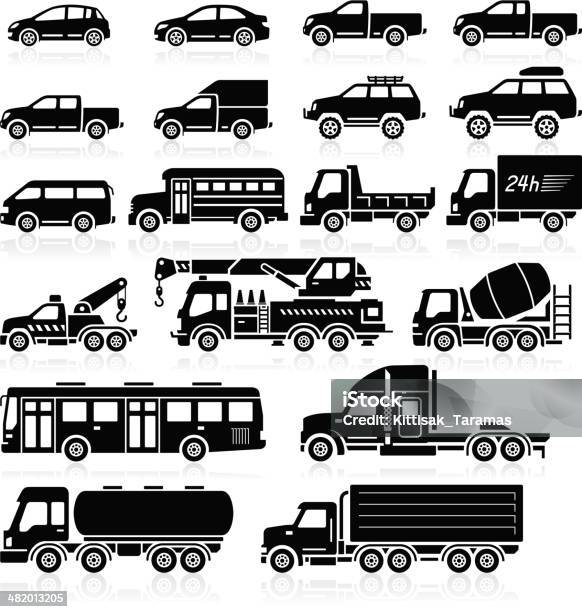 Автомобилей Иконки Набор — стоковая векторная графика и другие изображения на тему Автобус - Автобус, Иконка, Силуэт