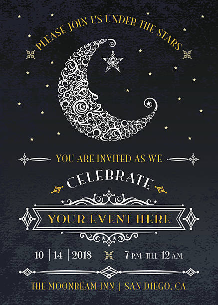 Man in the Moon Invitation Stylized / Lacy, Man in the moon decorated with craters, swirls, and stars. Party Invitation with vintage decorative borders. Great for a moonlight madness sale, wedding, or any night time event. moon borders stock illustrations